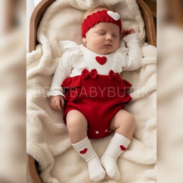 Kalp Detaylı Bandana Ve Çoraplı 3’Lü Romper Tulum