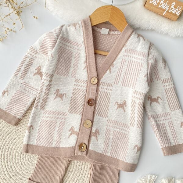 Soft Gülkurusu At Desenli Triko Hırkalı Takım