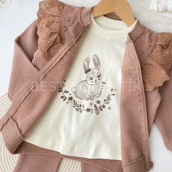 Acı Kahve Fisto Detaylı Fermuarlı Hırkalı İspanyol Paça 3’Lü Takım