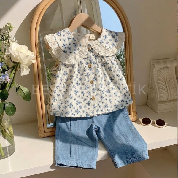 Çıtır Çiçekli Bebe Yaka Müslin Gömlek Ve Tensel Kot Pantolon