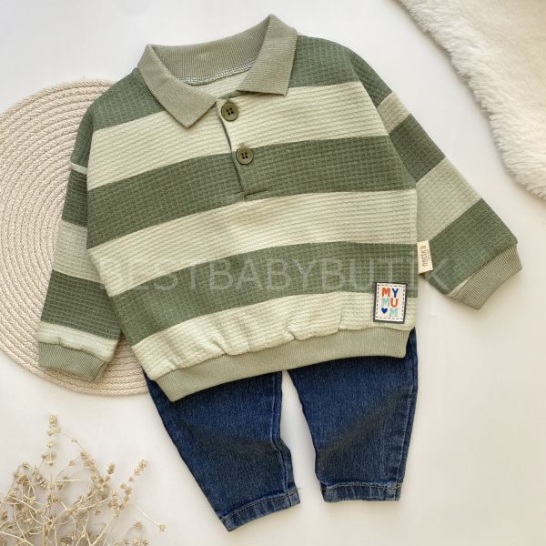 MY MUM ÇİZGİ DETAYLI POLO YAKA KOT PANTOLONLU 2’Lİ TAKIM