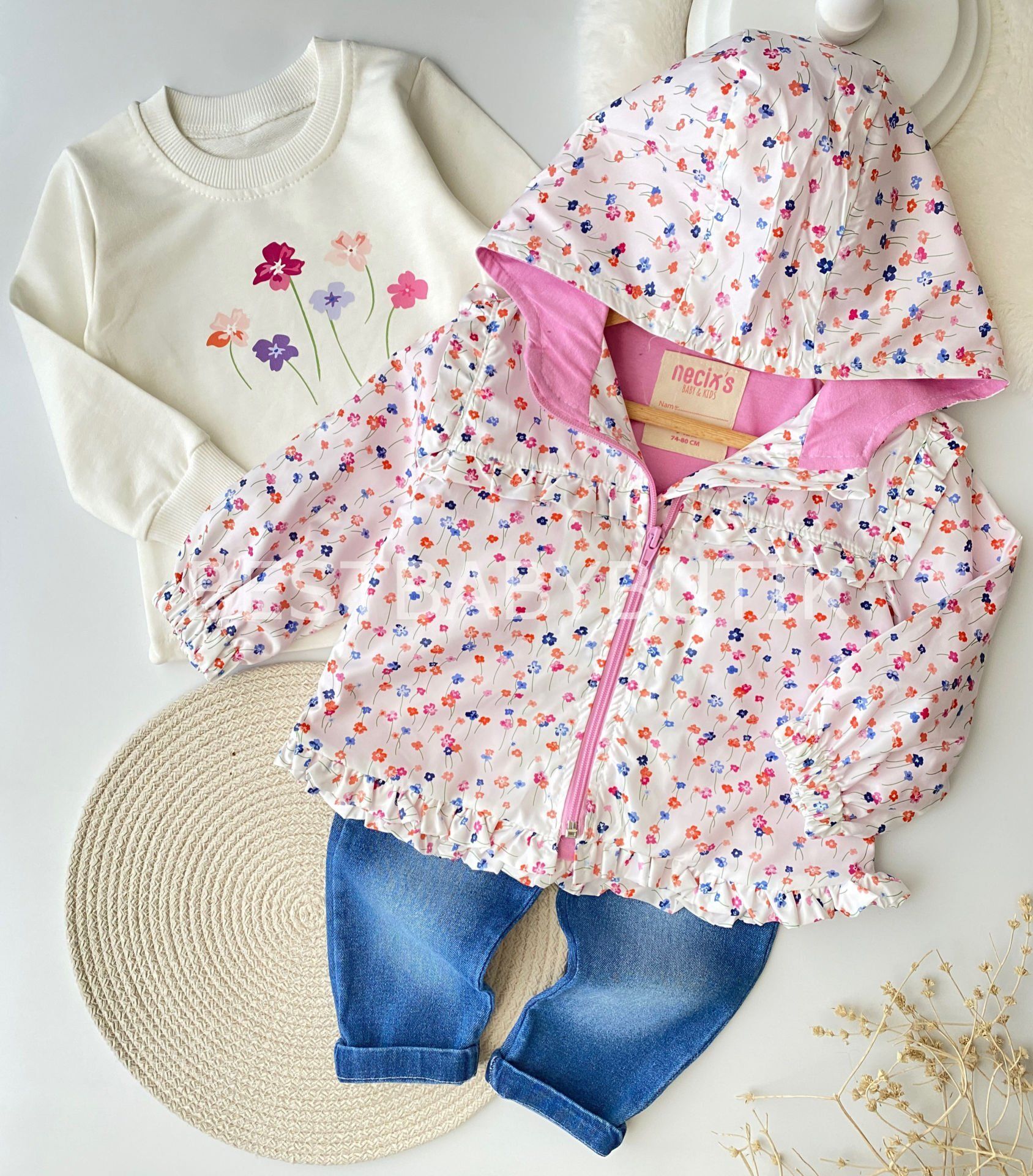 Dijital Çiçek Baskılı Yağmurluklu 3’Lü Takım