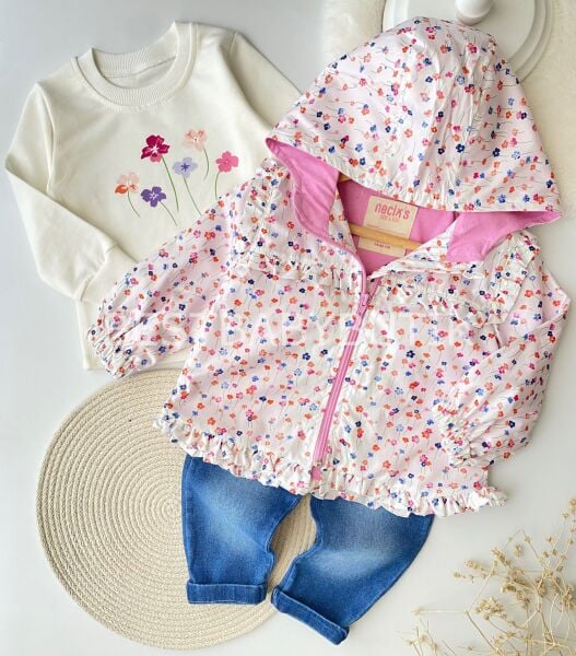 Dijital Çiçek Baskılı Yağmurluklu 3’Lü Takım