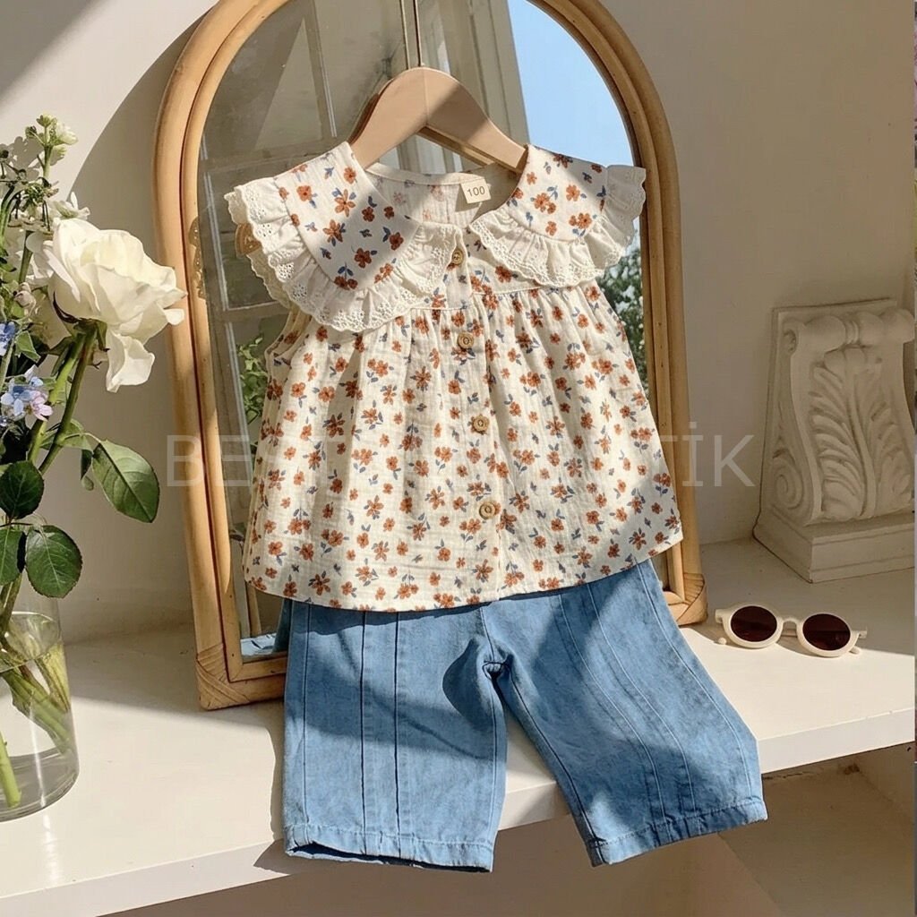 Çıtır Çiçekli Bebe Yaka Müslin Gömlek Ve Tensel Kot Pantolon 18-24 AY
