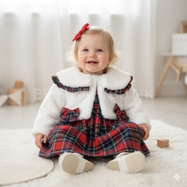 Peluş Kürk Hırkalı Ekose Elbise