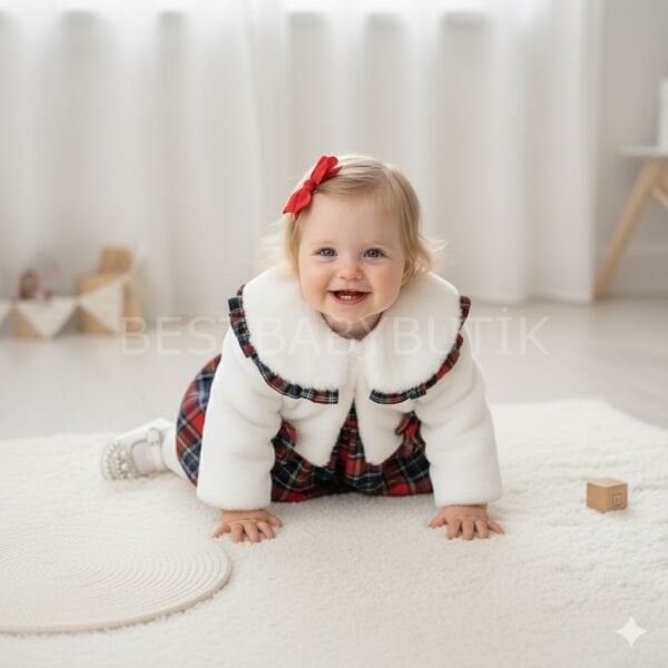 Peluş Kürk Hırkalı Ekose Elbise