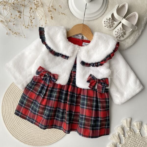 Peluş Kürk Hırkalı Ekose Elbise