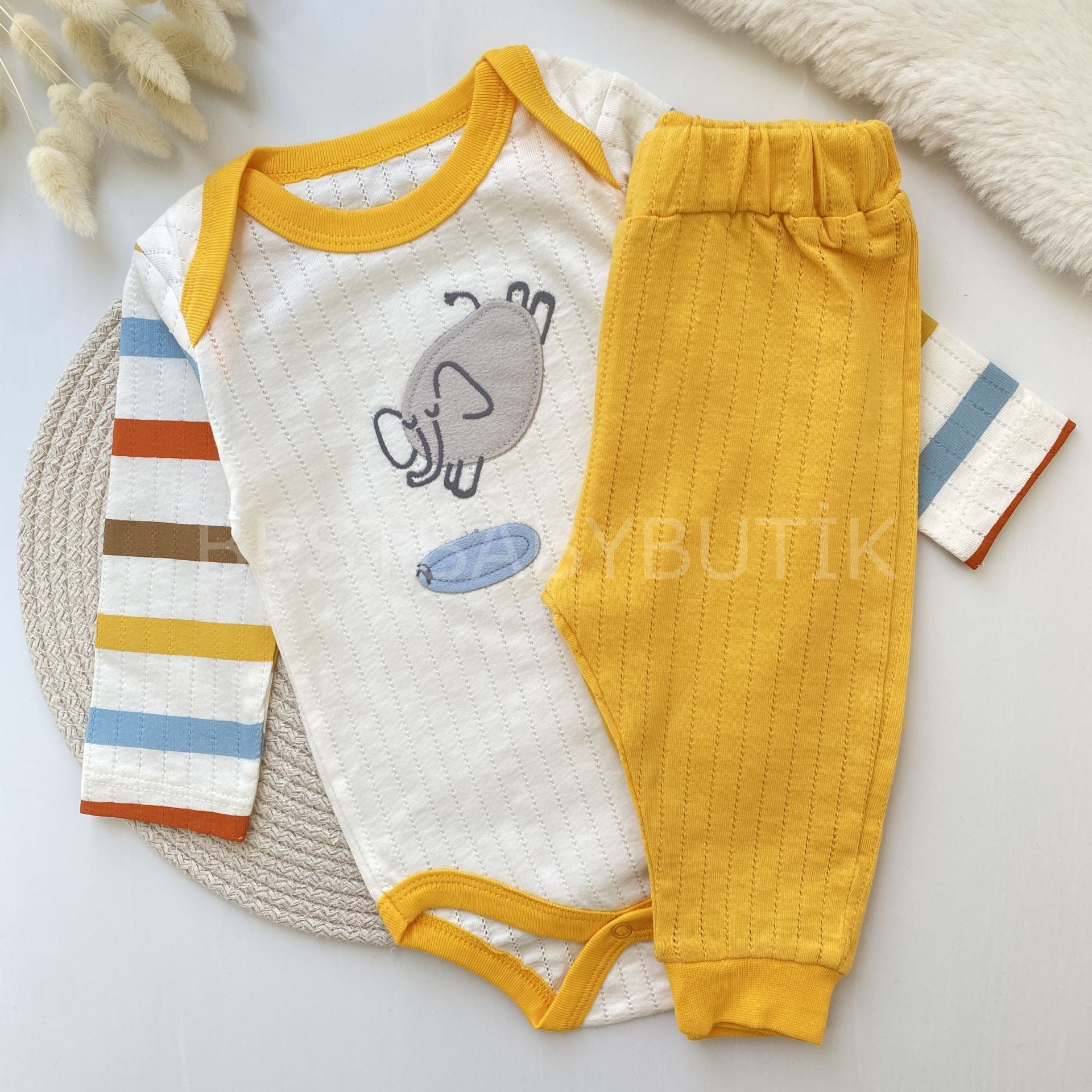 RENKLİ ÇİZGİLİ FİL DETAYLI NEFES ALABİLEN MEVSİMLİK 2’Lİ TAKIM 6-9 AY