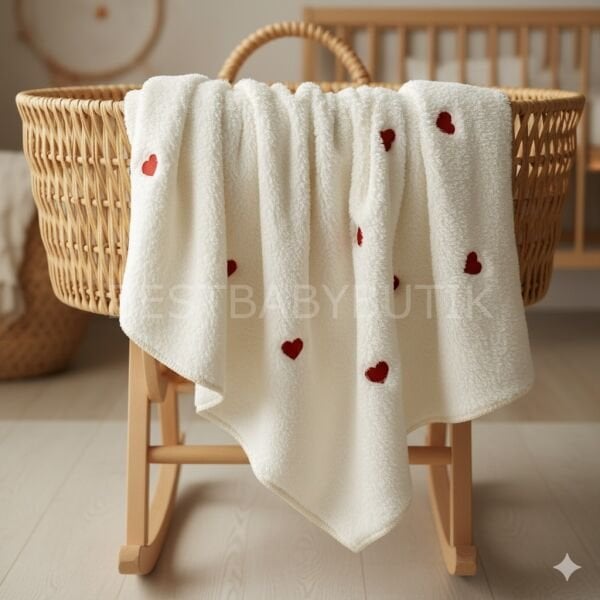 Kalp Nakışlı Peluş Battaniye