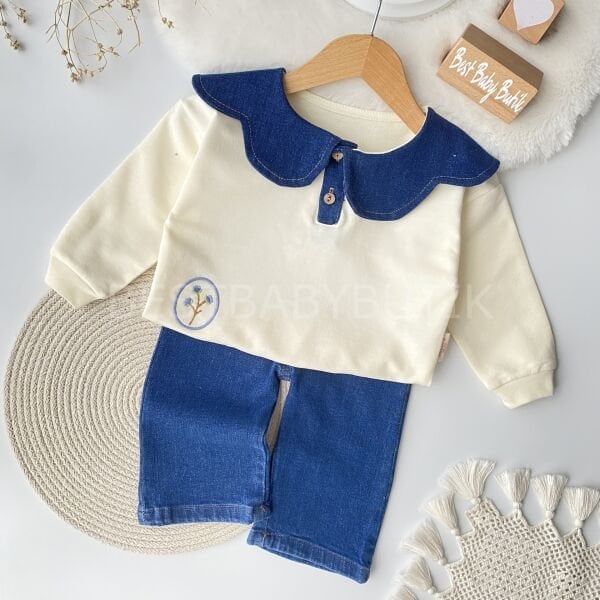 Çiçek Yaka Detaylı Kot Pantolonlu Takım