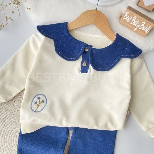 Çiçek Yaka Detaylı Kot Pantolonlu Takım