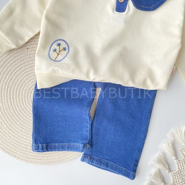 Çiçek Yaka Detaylı Kot Pantolonlu Takım