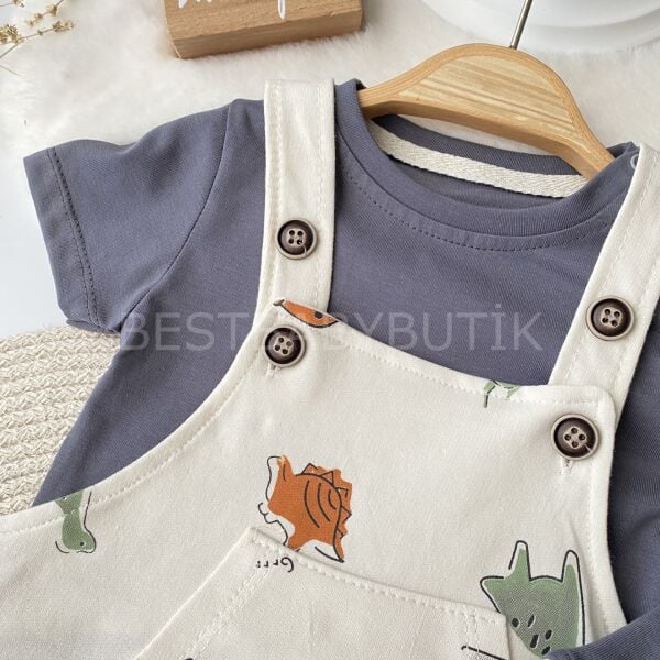 Dinazor Baskılı Şapkalı 3’Lü Salopet Tulum Seti 3-6 AY