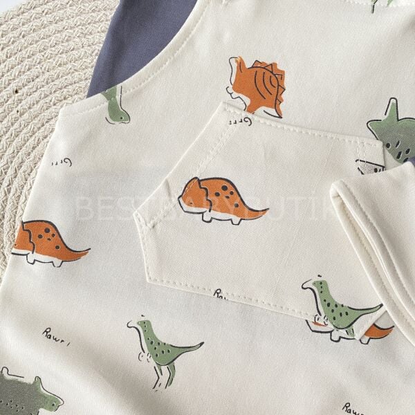 Dinazor Baskılı Şapkalı 3’Lü Salopet Tulum Seti 3-6 AY