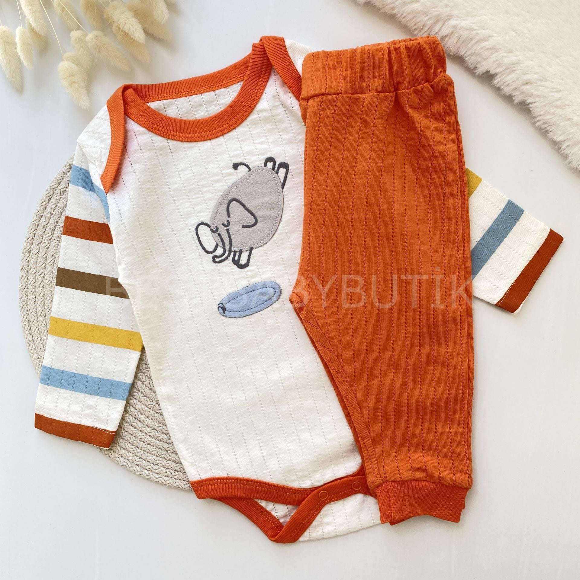 RENKLİ ÇİZGİLİ FİL DETAYLI NEFES ALABİLEN MEVSİMLİK 2’Lİ TAKIM 9-12 AY