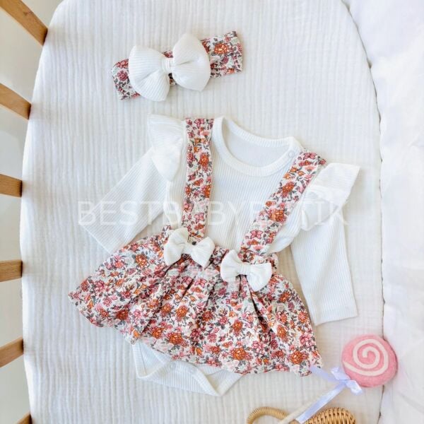 Çiçekli Askılı Bandanalı 3’Lü Elbise Takımı