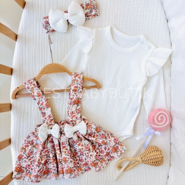 Çiçekli Askılı Bandanalı 3’Lü Elbise Takımı
