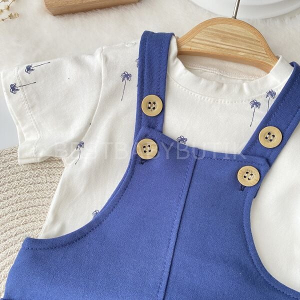 Palmiye Baskılı Şapkalı 3’Lü Salopet Tulum Seti 3-6 AY