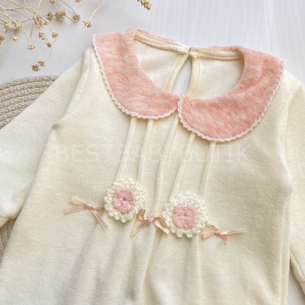 MERY ÇİÇEK DETAYLI BEBE YAKA KADİFE TULUM 0-3 AY