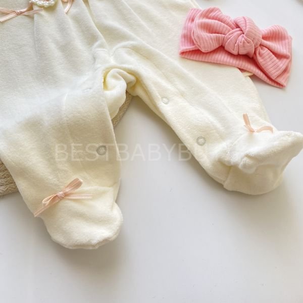 MERY ÇİÇEK DETAYLI BEBE YAKA KADİFE TULUM 0-3 AY