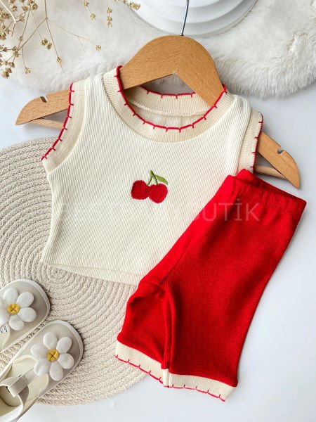 Kiraz Nakışlı Fitilli Crop 2’Li Takım