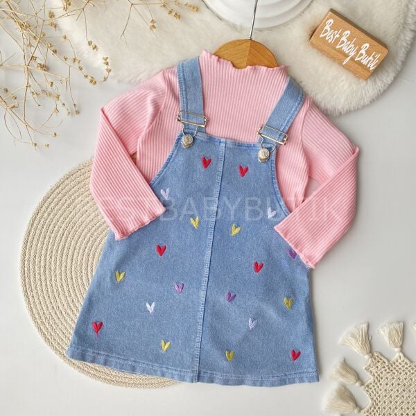 Kalp Nakışlı Badili Kot Salopet Elbise