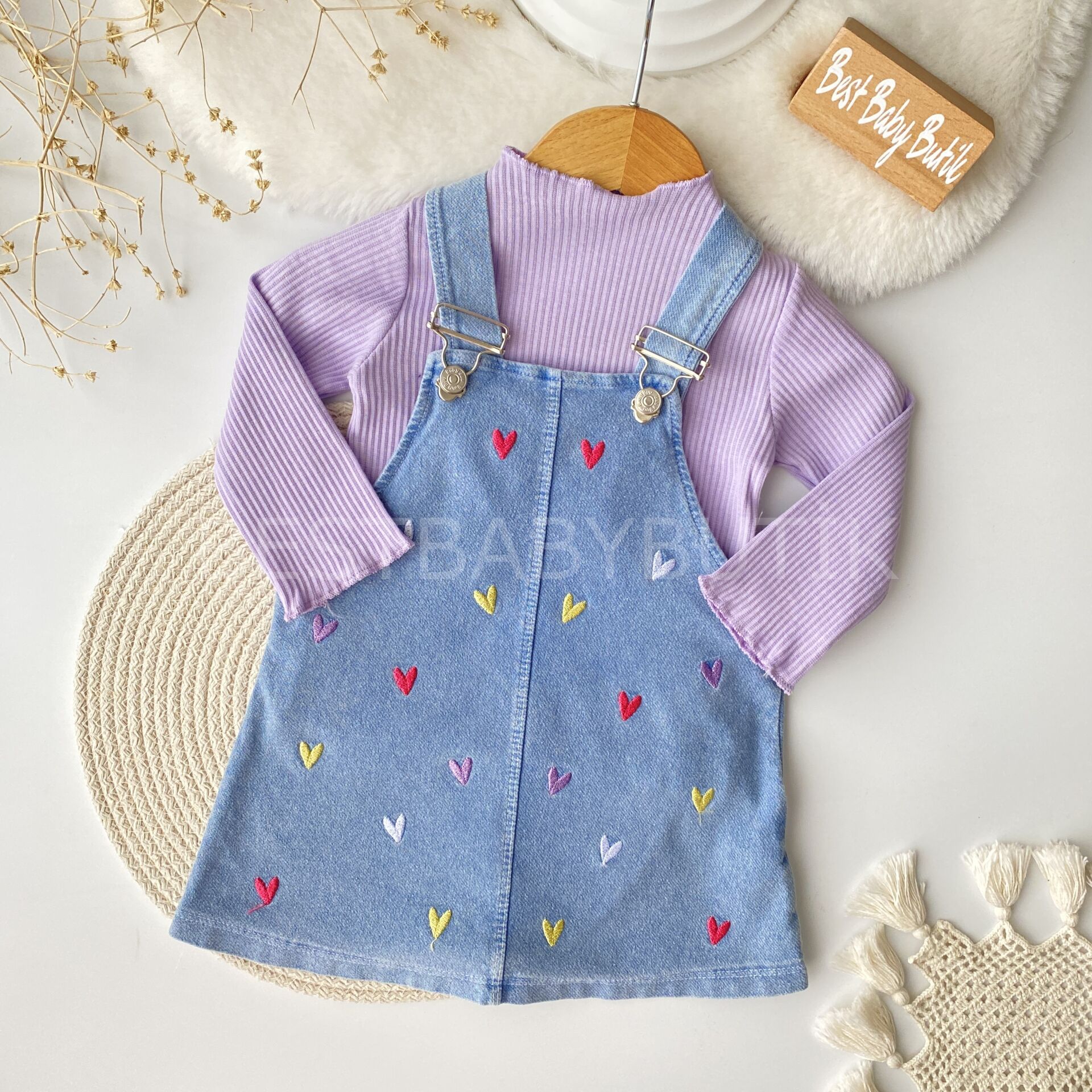 Kalp Nakışlı Badili Kot Salopet Elbise