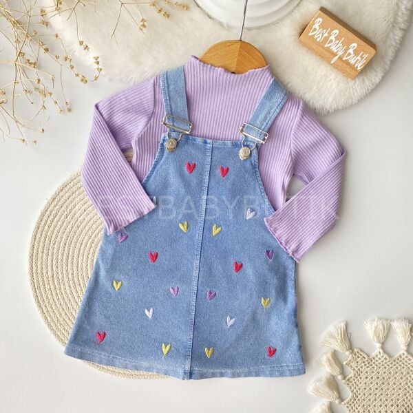 Kalp Nakışlı Badili Kot Salopet Elbise