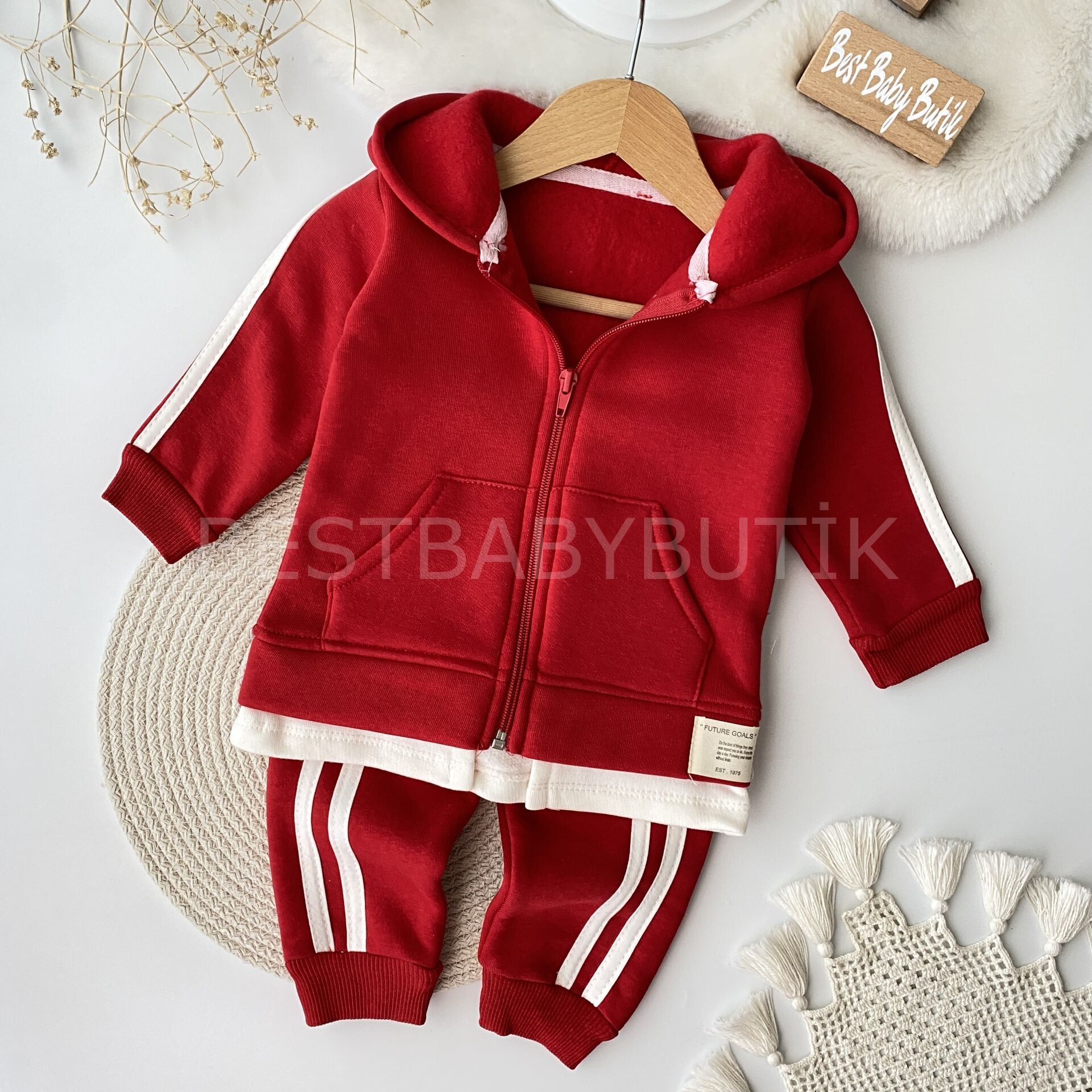 Spor Çizgili Kapşonlu Unisex  Eşofman Takımı 6-9 AY