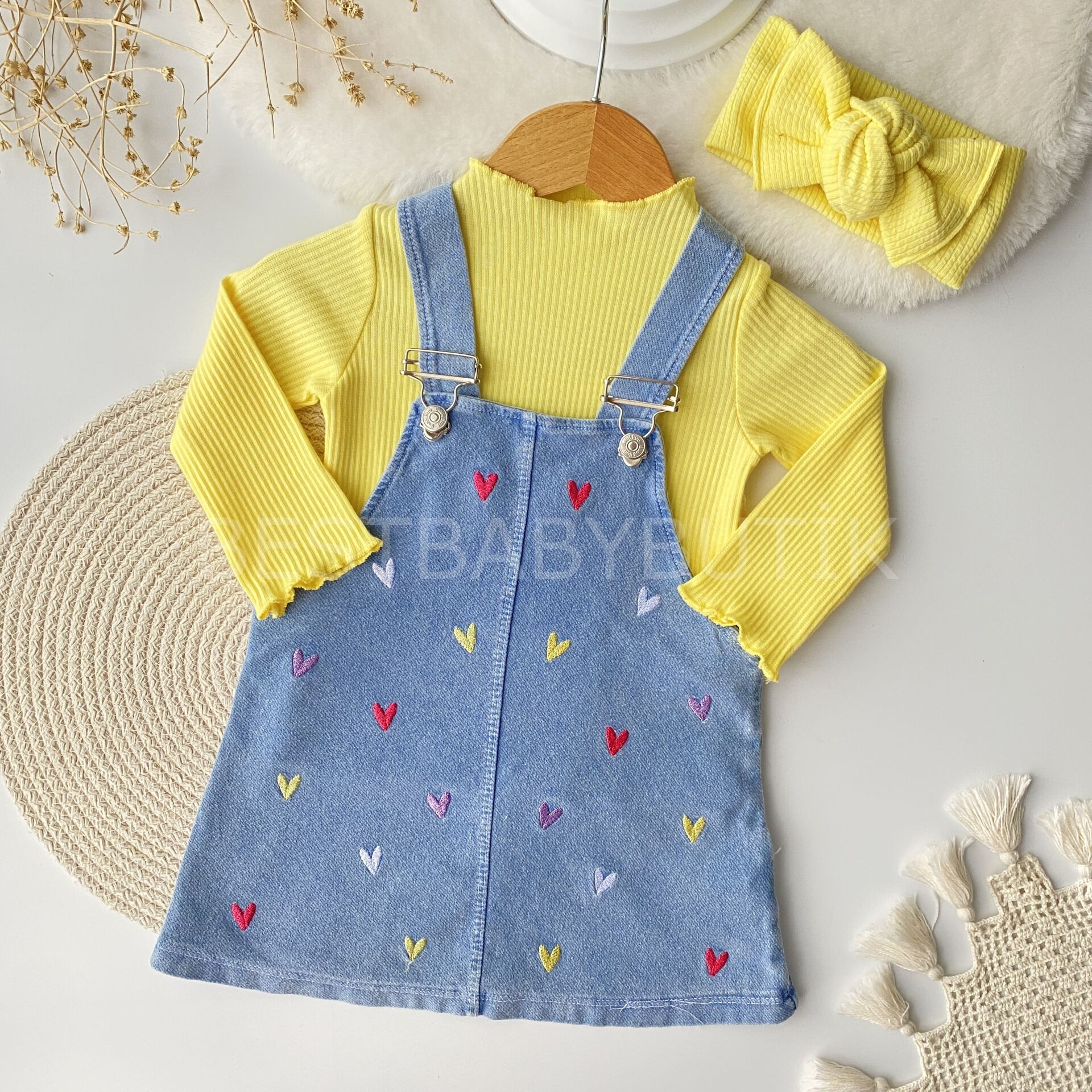 Kalp Nakışlı Badili Kot Salopet Elbise