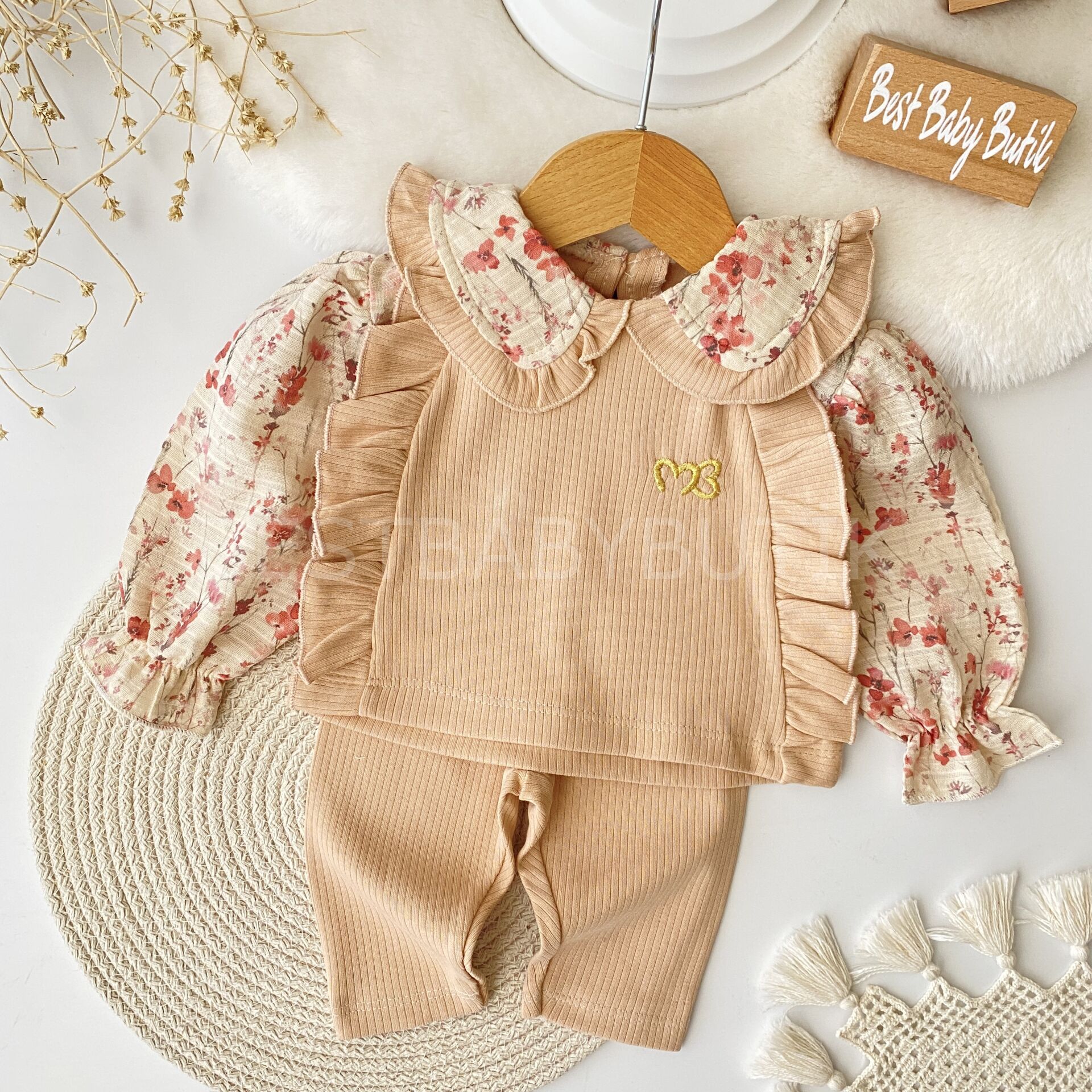 Çiçekli Bebe Yaka Gömlek Görünümlü 2’Li Takım