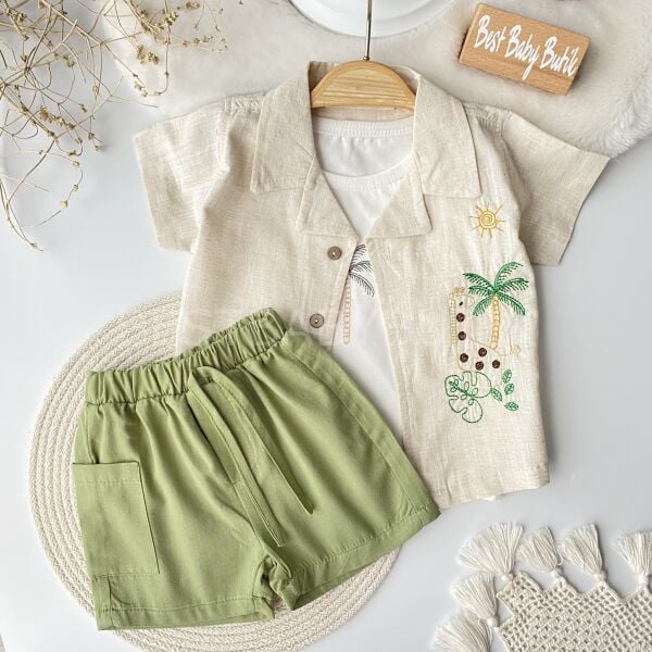 Safari Nakışlı Keten Gömlekli 3’Lü Takım