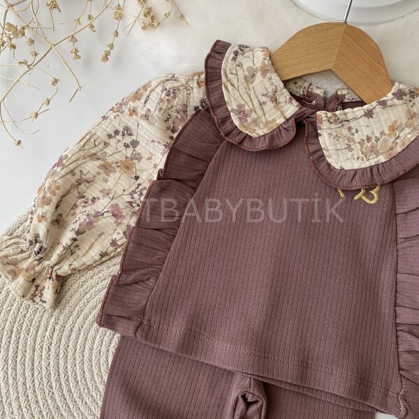 Çiçekli Bebe Yaka Gömlek Görünümlü 2’Li Takım