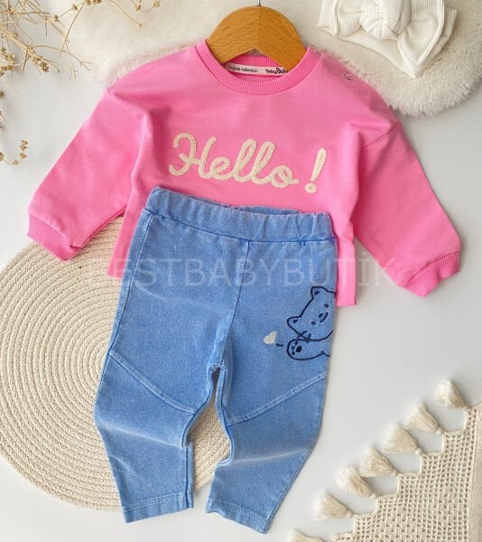 Hello Kedi Nakışlı Kot Pantolonlu 2’Li Takım