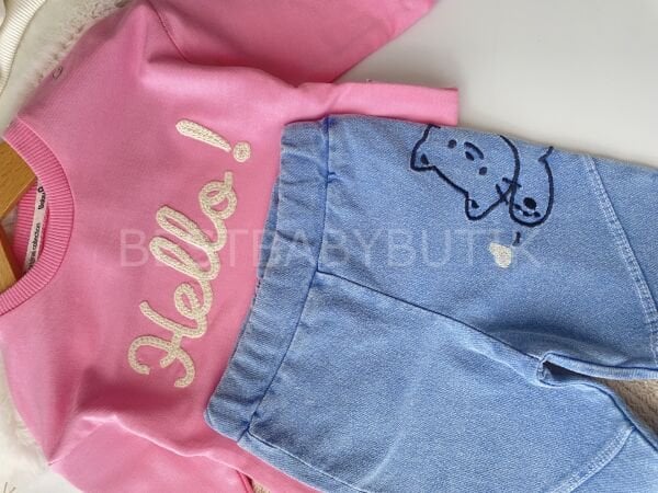 Hello Kedi Nakışlı Kot Pantolonlu 2’Li Takım