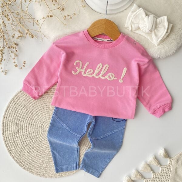 Hello Kedi Nakışlı Kot Pantolonlu 2’Li Takım