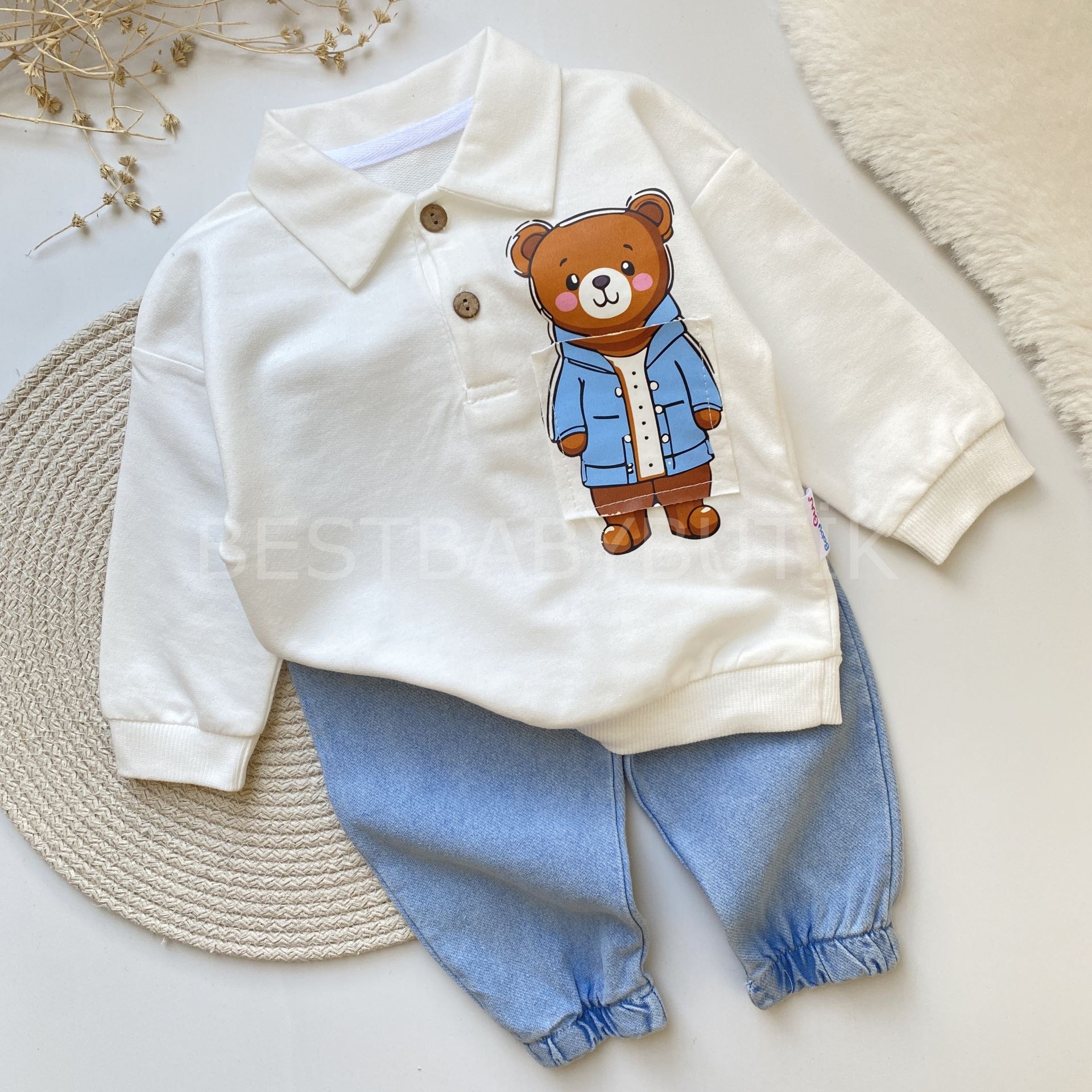 AYICIK DETAYLI POLO YAKA KOT PANTOLONLU 2’Lİ TAKIM
