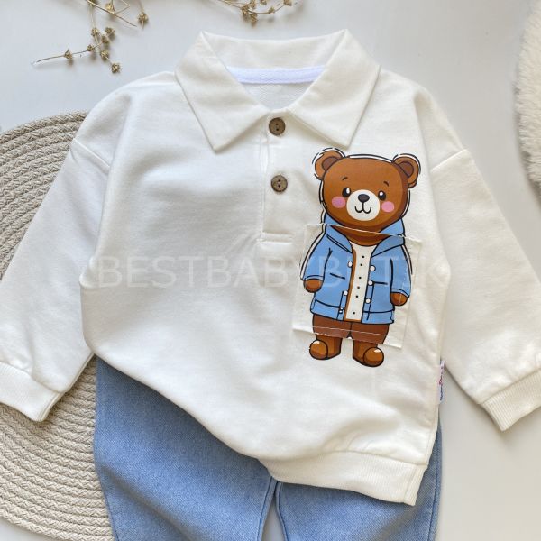 AYICIK DETAYLI POLO YAKA KOT PANTOLONLU 2’Lİ TAKIM