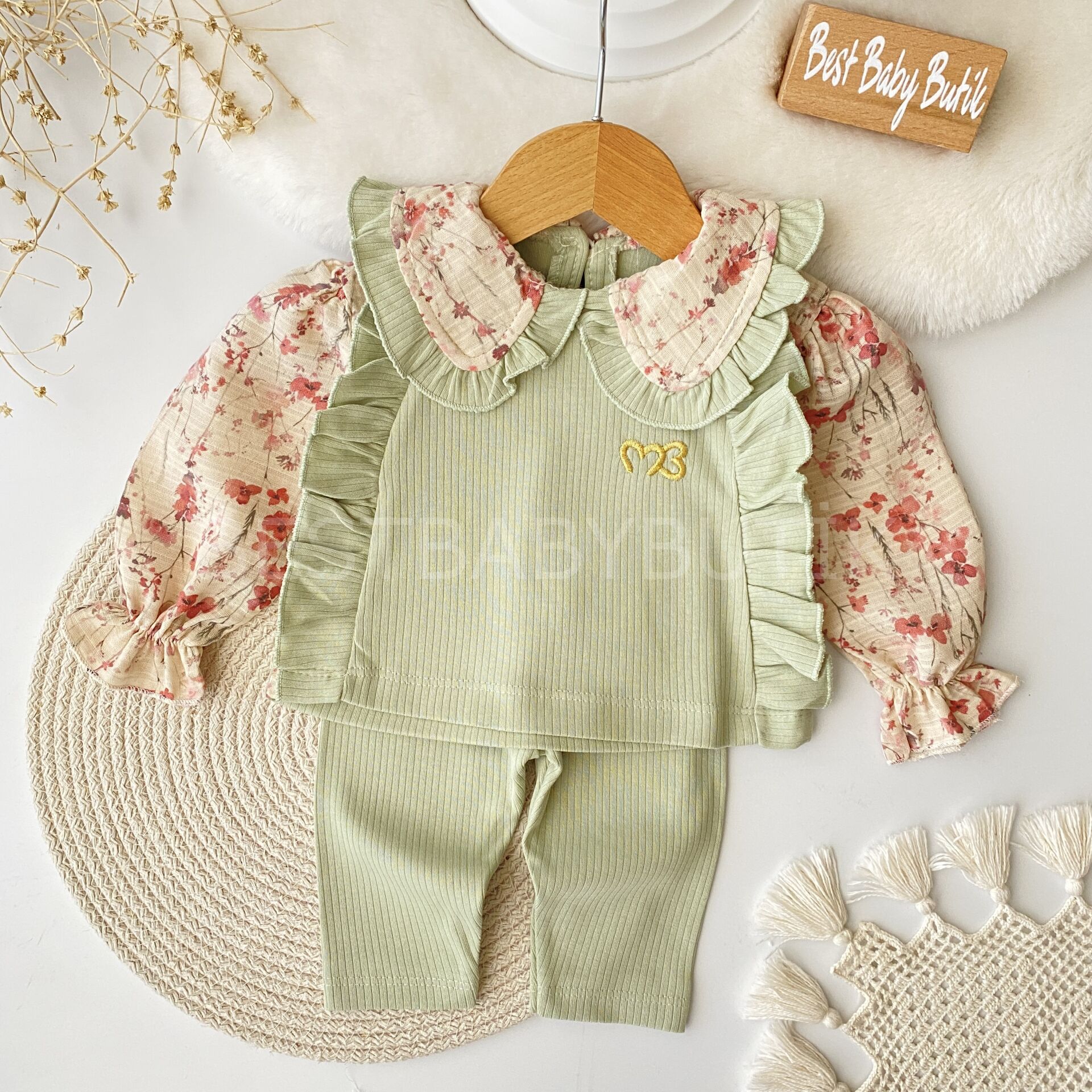 Çiçekli Bebe Yaka Gömlek Görünümlü 2’Li Takım