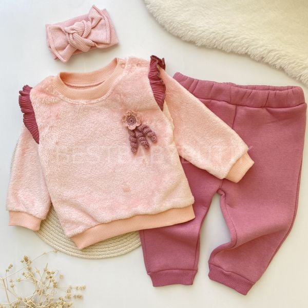 ÖRGÜ GÜL DETAYLI YUMOŞ PELUŞ ŞARDONLU 2’Lİ KIŞLIK TAKIM