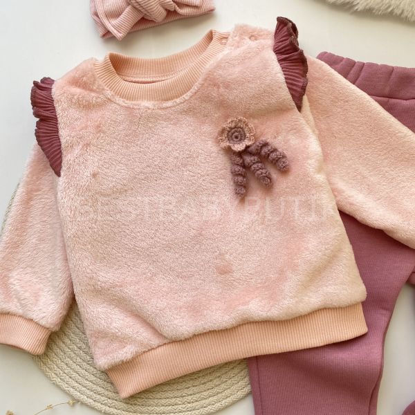ÖRGÜ GÜL DETAYLI YUMOŞ PELUŞ ŞARDONLU 2’Lİ KIŞLIK TAKIM