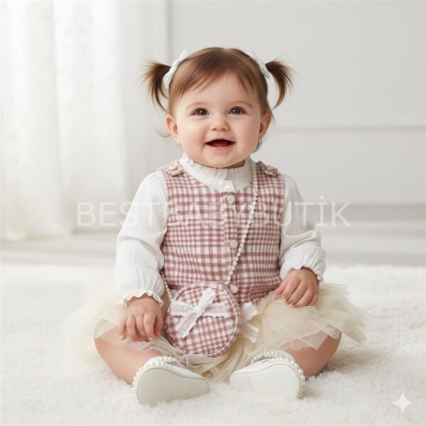 Viola Tütü Jileli Gömlek Ve İnci Çantalı 3’Lü Elbise Takımı 6-9 AY