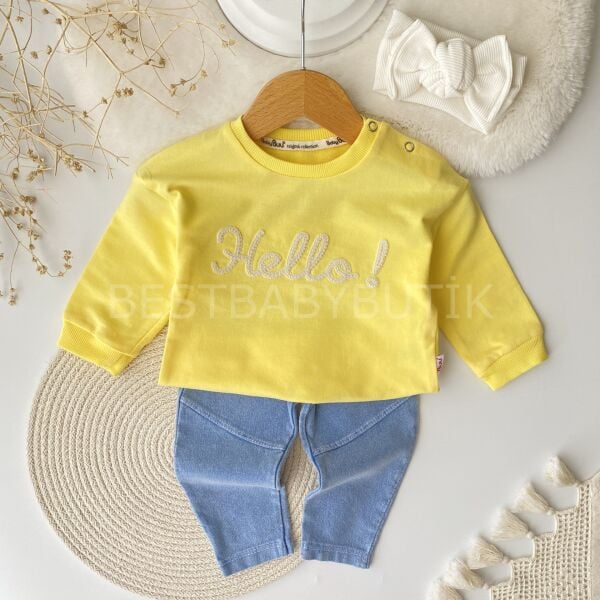 Hello Kedi Nakışlı Kot Pantolonlu 2’Li Takım