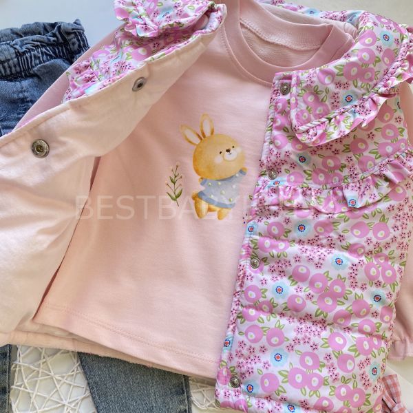 CLARA ÇİÇEKLİ ŞİŞME YELEKLİ KOT PANTOLONLU 3’LÜ TAKIM