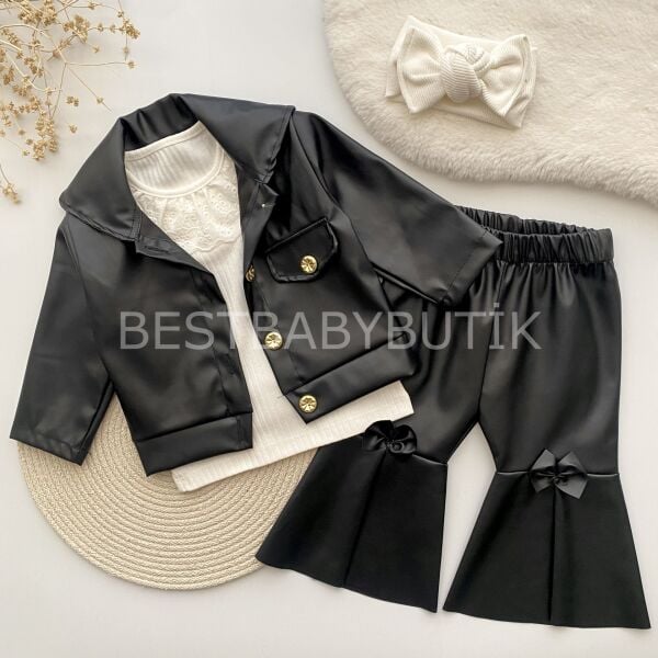 Deri Ceketli İspanyol Pantolonlu 3’Lü Takım