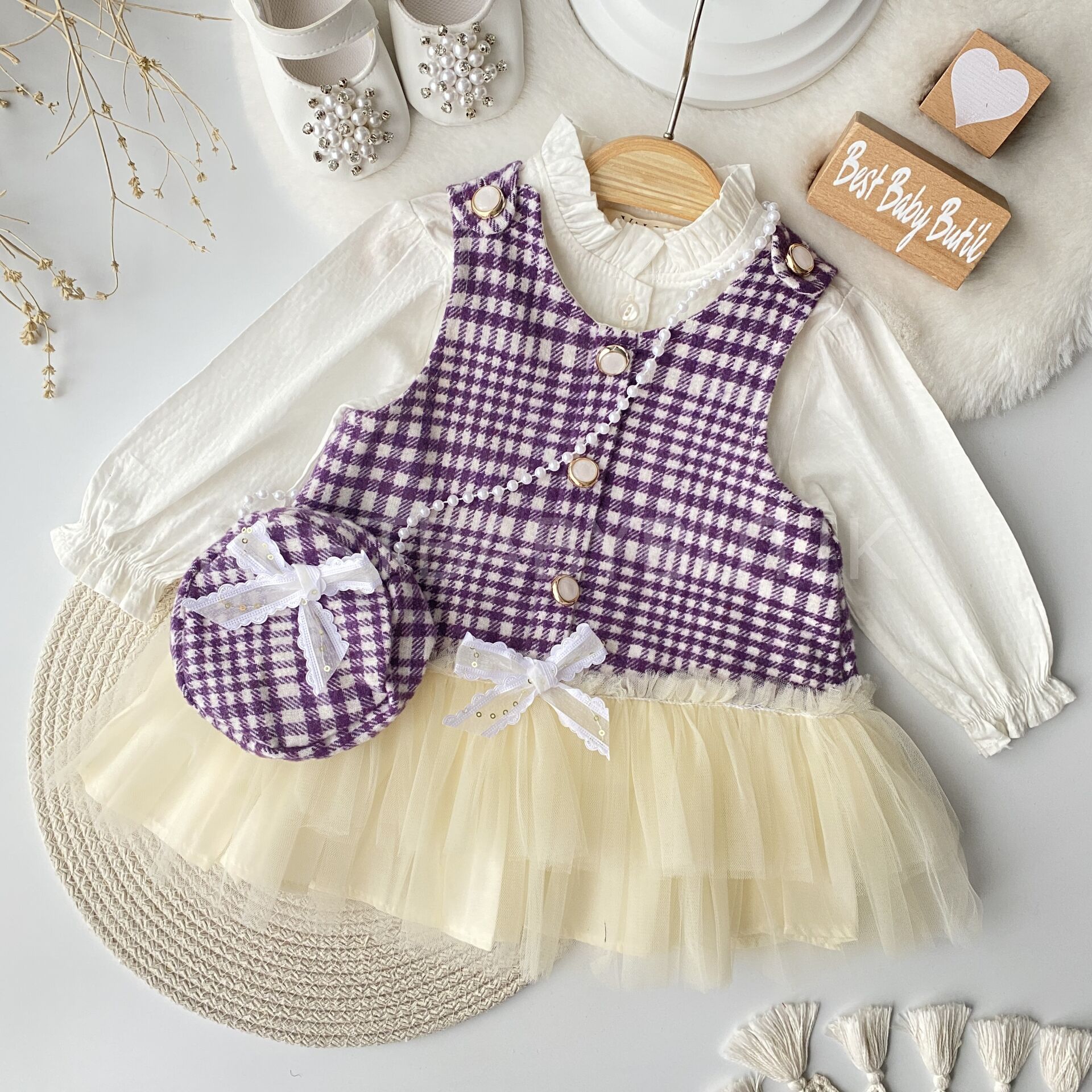 Viola Tütü Jileli Gömlek Ve İnci Çantalı 3’Lü Elbise Takımı