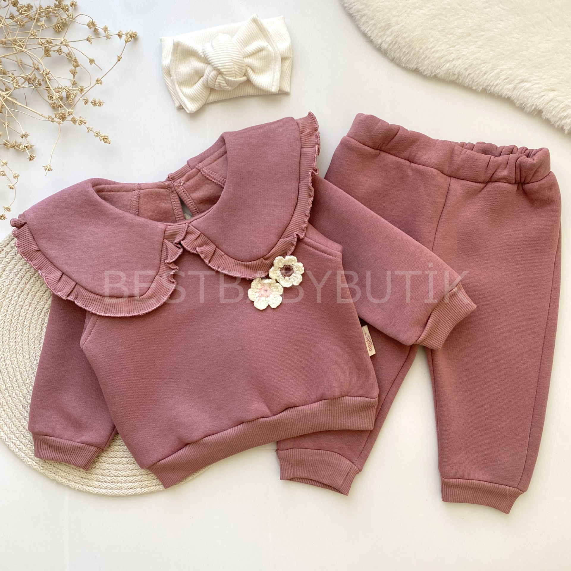 ELİS ÇİÇEK ÖRGÜLÜ BEBE YAKA ŞARDONLU  2’Lİ TAKIM