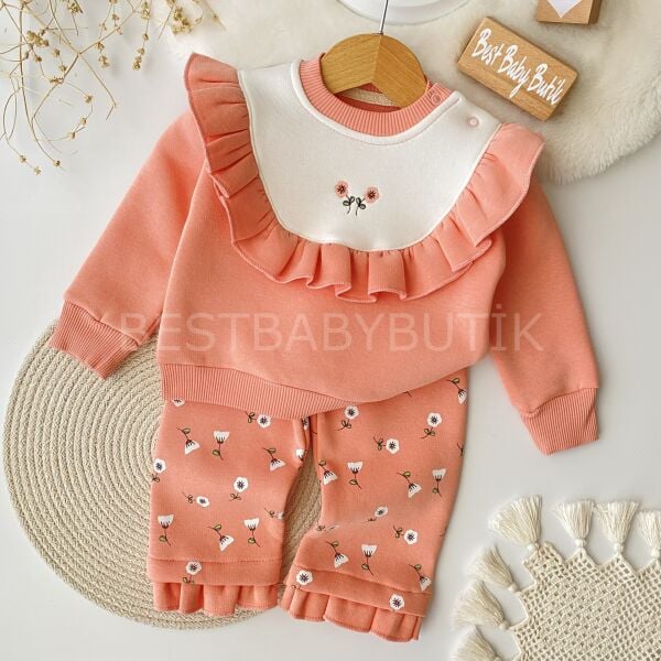 Çiçek Baskılı Fırfırlı Bol Paça Şardonlu 2’Li Takım