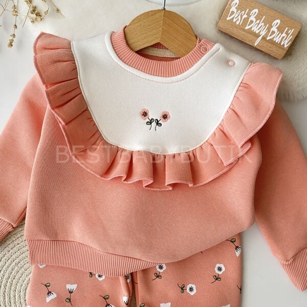 Çiçek Baskılı Fırfırlı Bol Paça Şardonlu 2’Li Takım