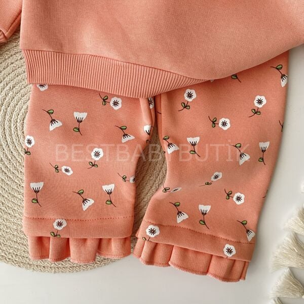 Çiçek Baskılı Fırfırlı Bol Paça Şardonlu 2’Li Takım 9-12 AY